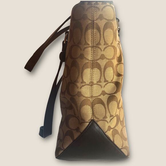 Authentic Coach Jacquard Monogram Tote Purse Brown Tan with Leather Trim - Picture 11 of 15
